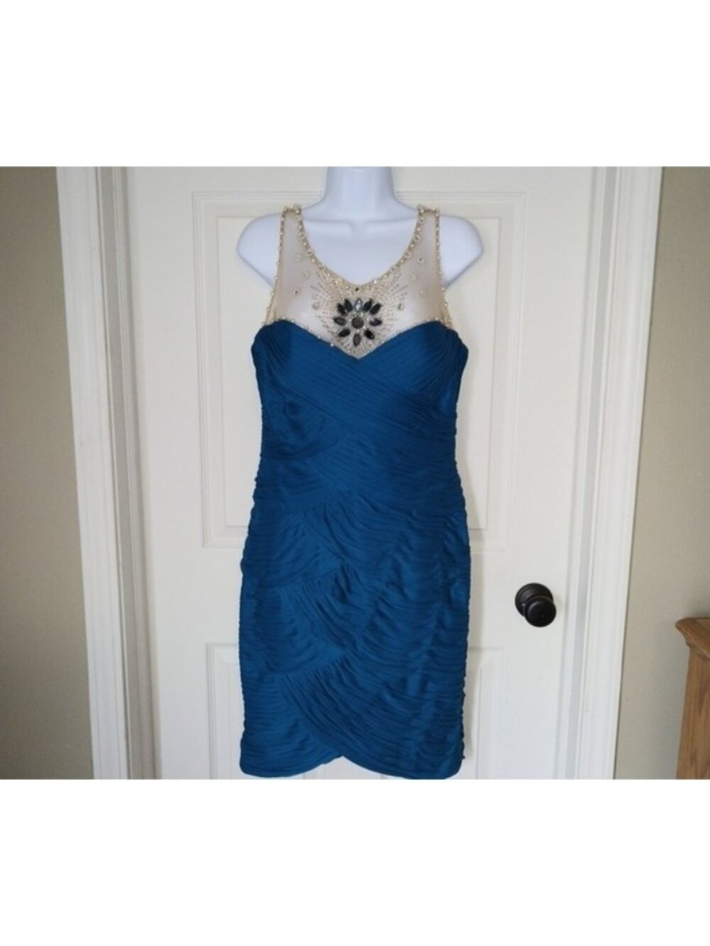 Adrianna Papell Embellished Teal Cocktail Bandage Dress w/Sheer Beaded Yoke 12